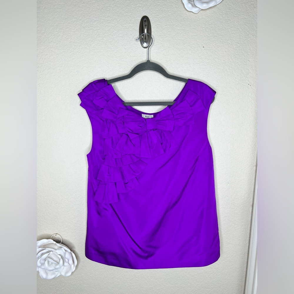 NTM Kate Spade 100% Silk Purple Bow Ruffle Sleeveless Blouse Top Medium